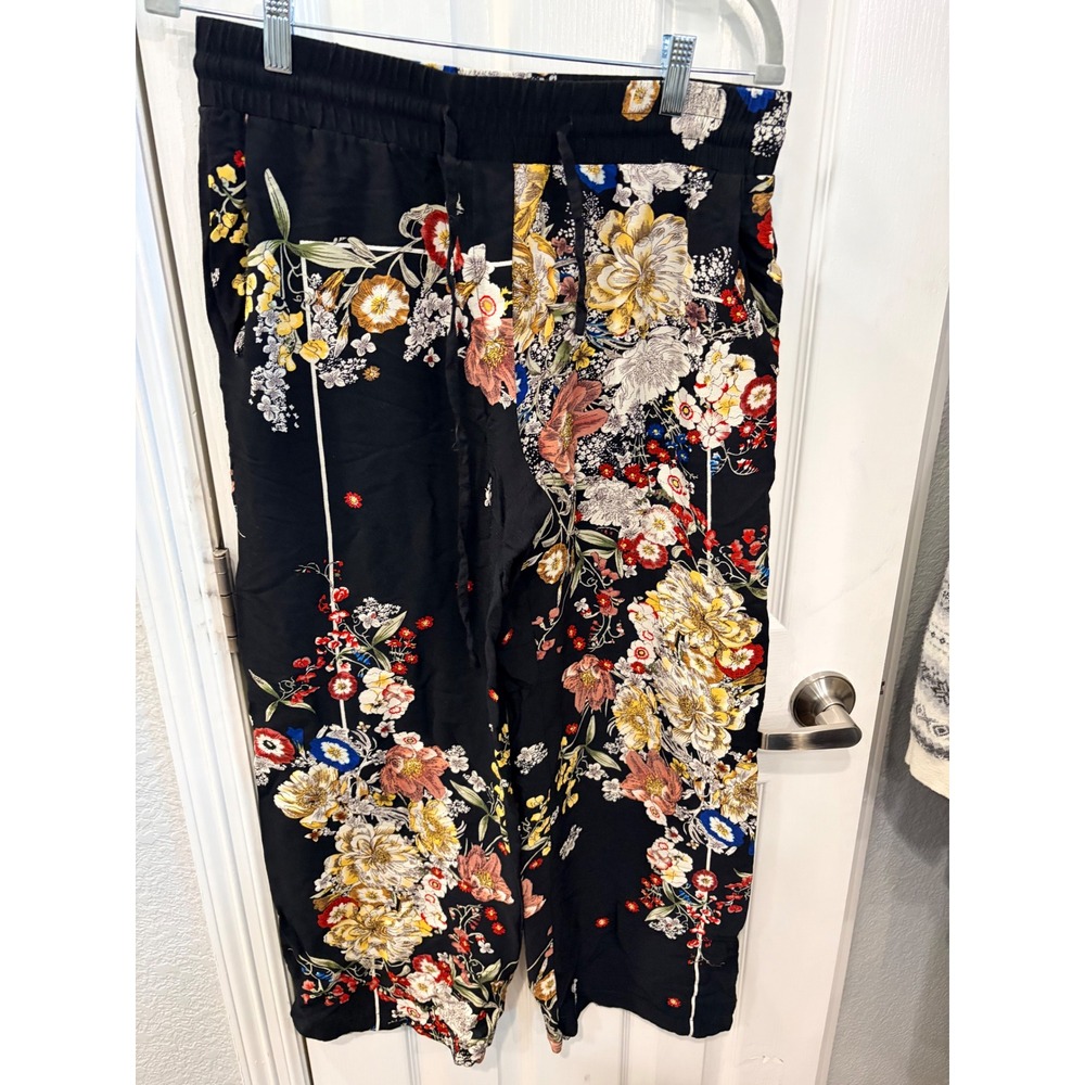 Industry Wide Leg Pants Black Floral Print Drawstring Cropped Culottes Trousers